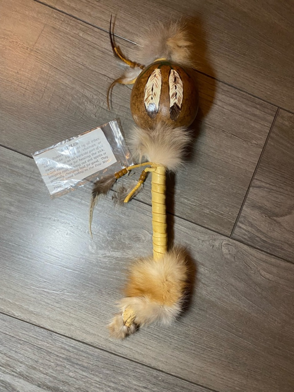 NWT Handcrafted Native Style Shaman Ritual Feathered Ceremonial Gourd Rattle